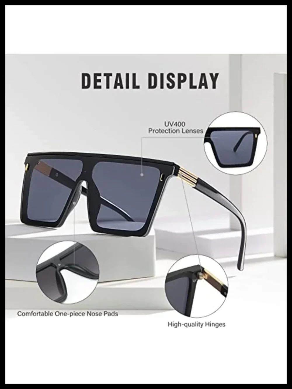 Oversized Square Sunglasses Flat Top UV400 Protection